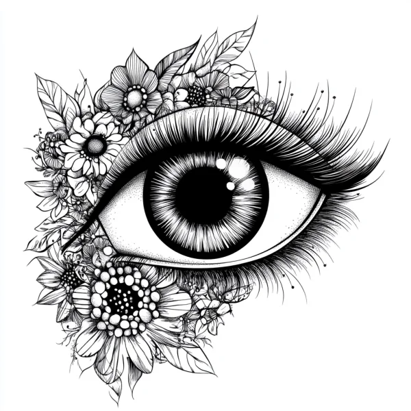 Eye surrounded by various flowers and leaves, decorative art style — free printable art coloring book page