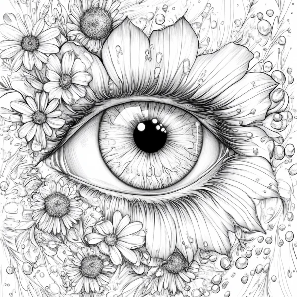 Eye fused with daisy flowers, surreal illustration style — free printable painting coloring book page