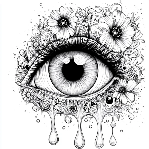 Artistic eye intertwined with various flowers, decorative art and fantasy style — free printable art coloring book page