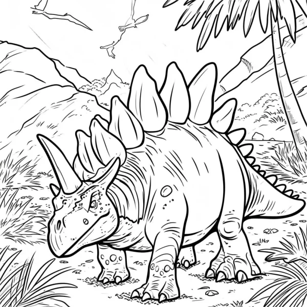 Stegosaurus in prehistoric natural environment, clean smooth outlines — free printable dinosaurs coloring book page