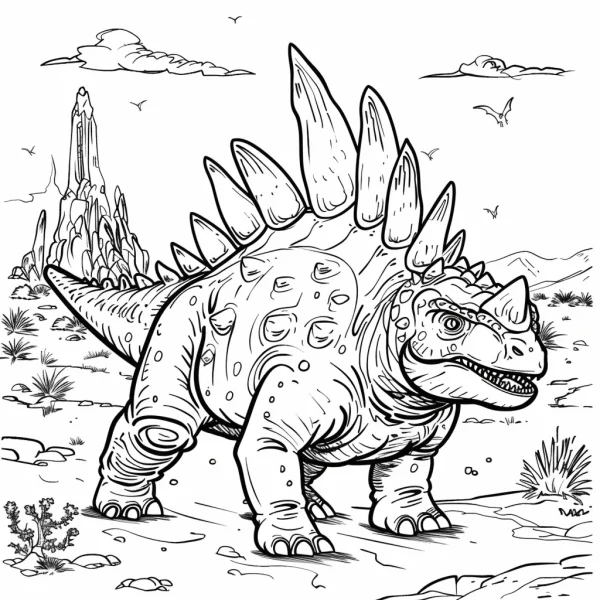 Prehistoric dinosaur with spines and head horn, realistic sketch style — free printable dinosaurs coloring book page