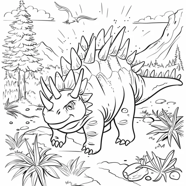 Coloring book page, cartoon prehistoric dinosaur with back spikes — free printable dinosaurs coloring book page