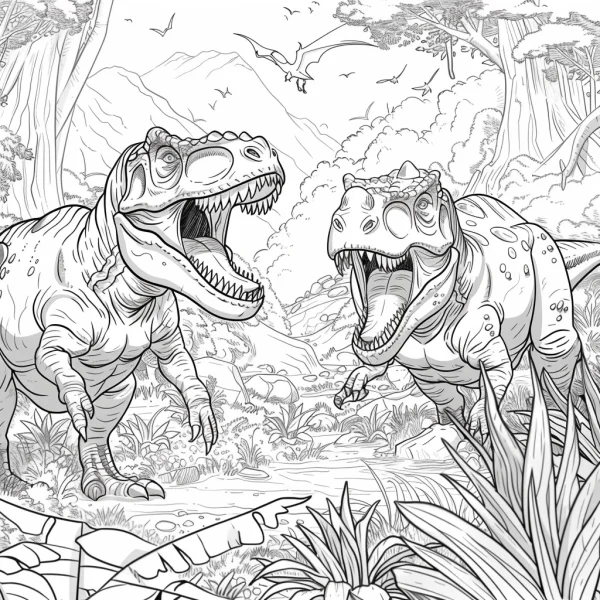 Two tyrannosaurus rex in prehistoric jungle landscape, realistic line art — free printable dinosaurs coloring book page