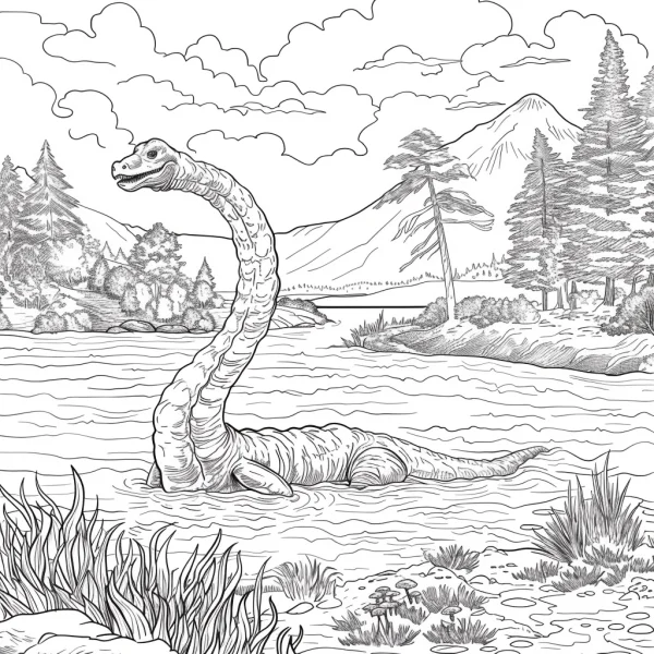 Long-necked fantasy lake monster in river, realistic sketch style — free printable fantasy creatures coloring book page