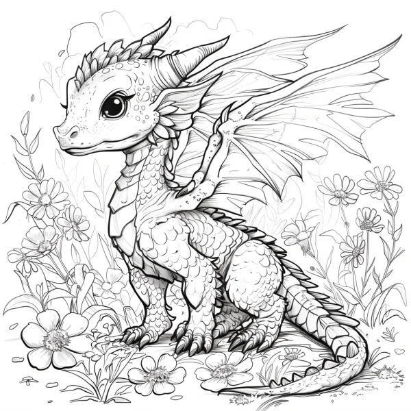 Cute fantasy baby dragon, cartoon fairy tale style — free printable fantasy creatures coloring book page