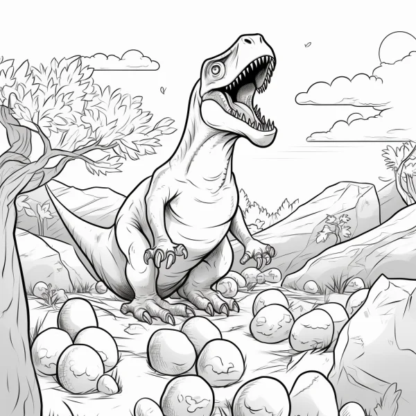 Tyrannosaurus rex with dinosaur eggs, prehistoric landscape with trees — free printable dinosaurs coloring book page
