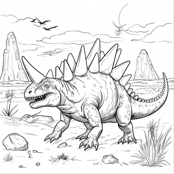 Coloring book page, horned spiked prehistoric dinosaur — free printable dinosaurs coloring book page