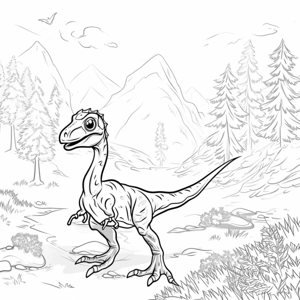 Cartoon velociraptor dinosaur, cartoon style — free printable prehistoric creatures coloring book page