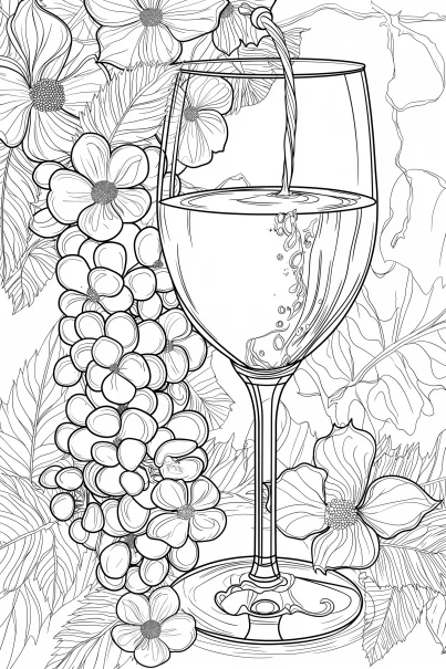 Wine glass with grapes and five-petal flowers, realistic line art style — free printable nature theme coloring book page