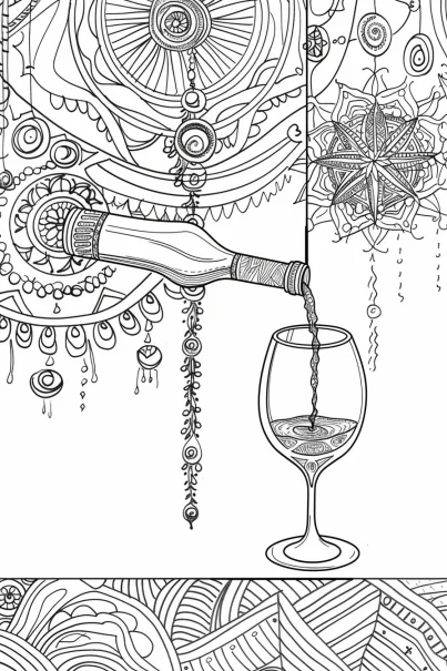 Wine bottle pouring wine into glass paired with mandala and zentangle patterns, fine smooth organic lines — free printable art coloring book page