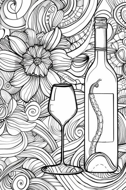 Wine bottle and wine glass with flowers, zentangle and decorative art style — free printable decorative art coloring book page