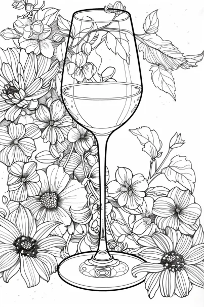 Wine glass surrounded by various daisies and small flowers, sketch style — free printable beverages coloring book page