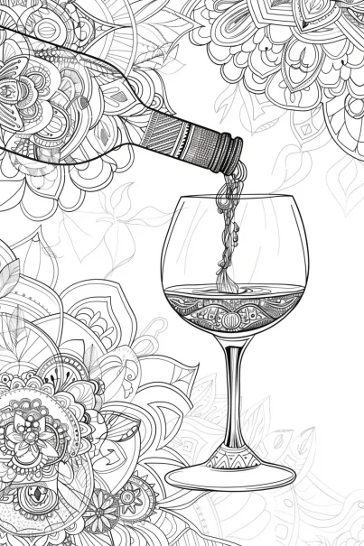 Mandala-style wine bottle pouring into wine glass, intricate mandala patterns and floral vines surrounding — free printable art coloring book page