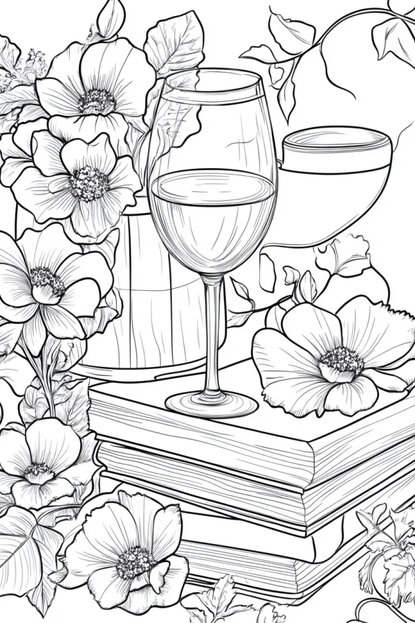 Flowers with stacked books and wine glass, line art sketch style — free printable life theme coloring book page