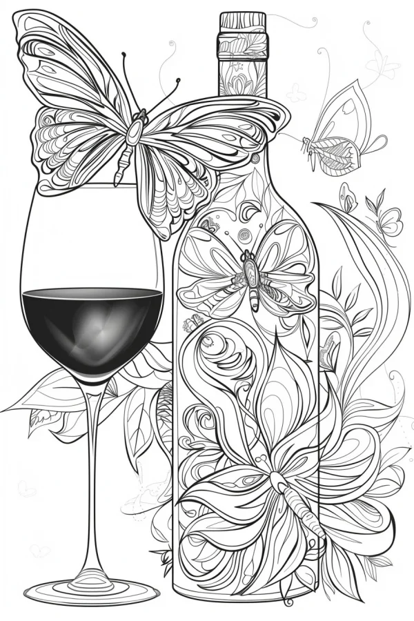 Decorative butterflies with wine bottle and wine glass, art nouveau style — free printable insects coloring book page