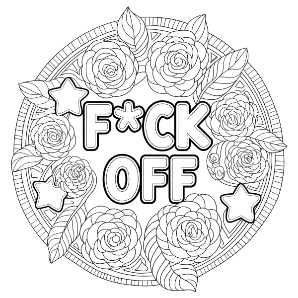Mandala-style circular design with surrounding roses, leaves and stars — free printable mandala art coloring book page