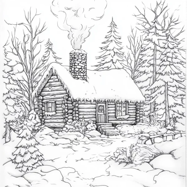 Snowy forest log cabin with smoking chimney, winter forest scene with snow-covered trees and ground — free printable country life coloring book page