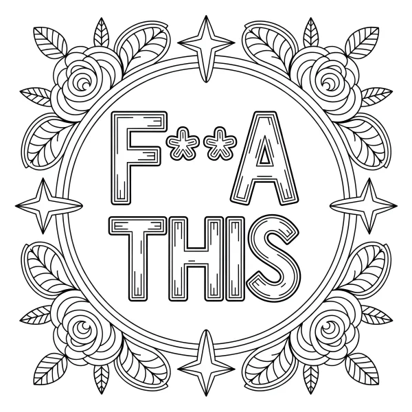 Decorative circular frame with roses, leaves and four-pointed stars — free printable art coloring book page