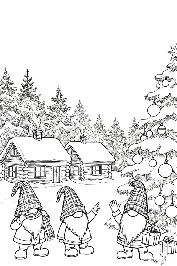 Coloring book page, three christmas gnomes in winter village scene — free printable country life coloring book page