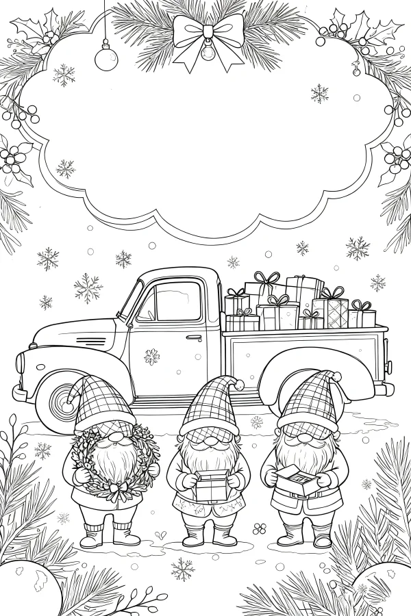Three christmas gnomes standing in front of a vintage truck loaded with gift boxes, christmas festive theme — free printable life theme coloring book page