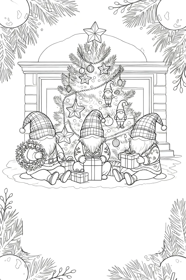 Christmas gnomes sitting in front of fireplace with decorated christmas tree, fairy tale cartoon style — free printable family coloring book page