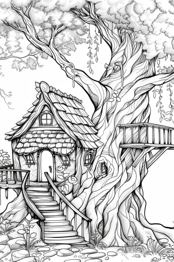 Tree house on giant old tree, fairy tale style — free printable forest coloring book page