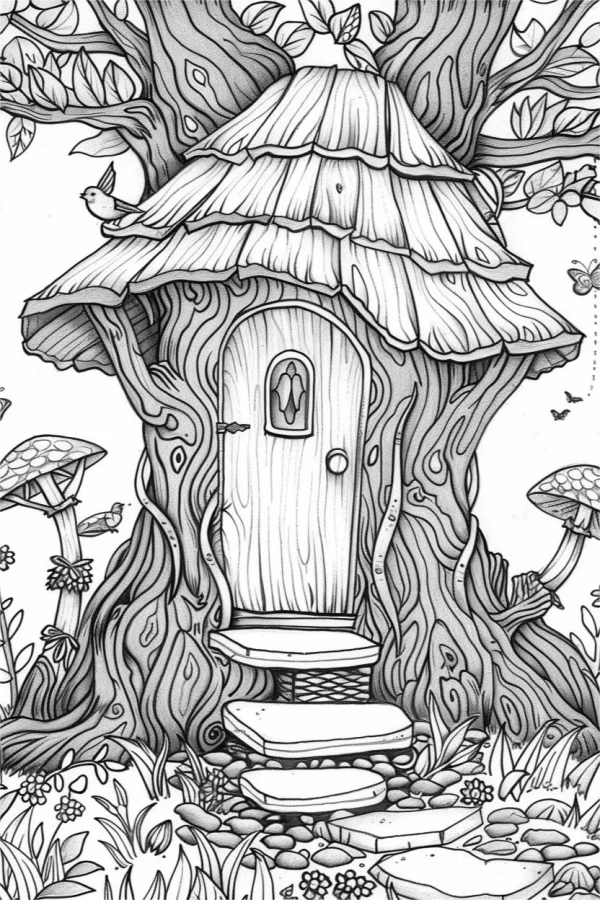 Forest tree house built inside a large tree, fairy tale style — free printable forest coloring book page