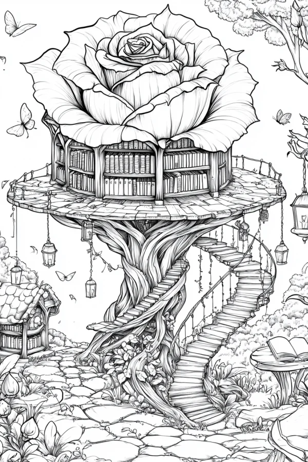 Giant rose treehouse library, fantasy illustration style — free printable reading coloring book page