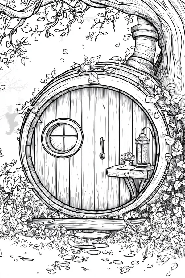 Round wooden door cottage in forest, fairy tale style — free printable country life coloring book page