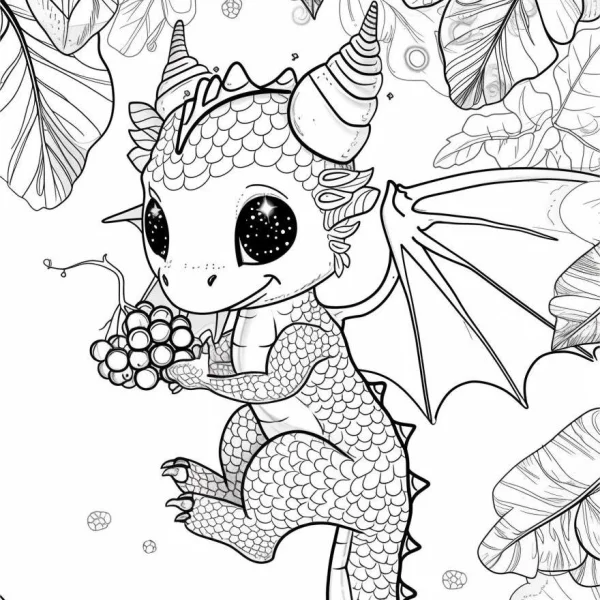 Cute little dragon holding grapes, cartoon style — free printable fantasy creatures coloring book page