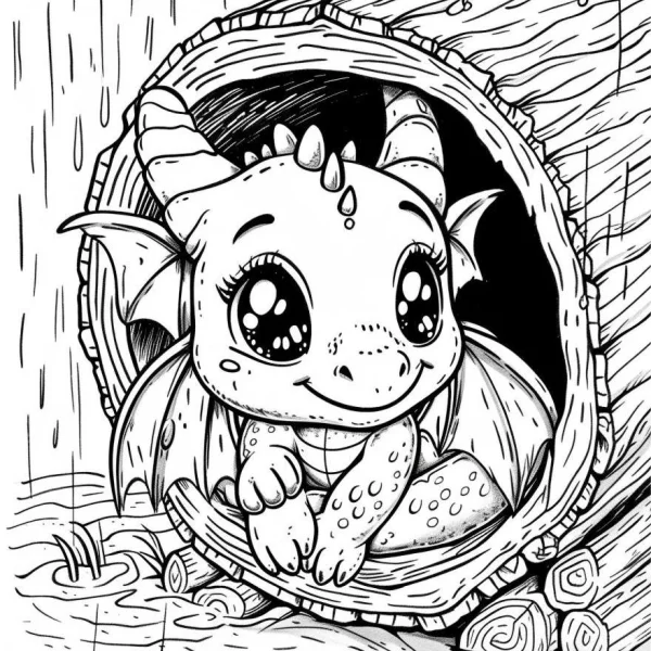 Cute cartoon baby dragon sitting in a tree hollow, cartoon style — free printable fantasy creatures coloring book page