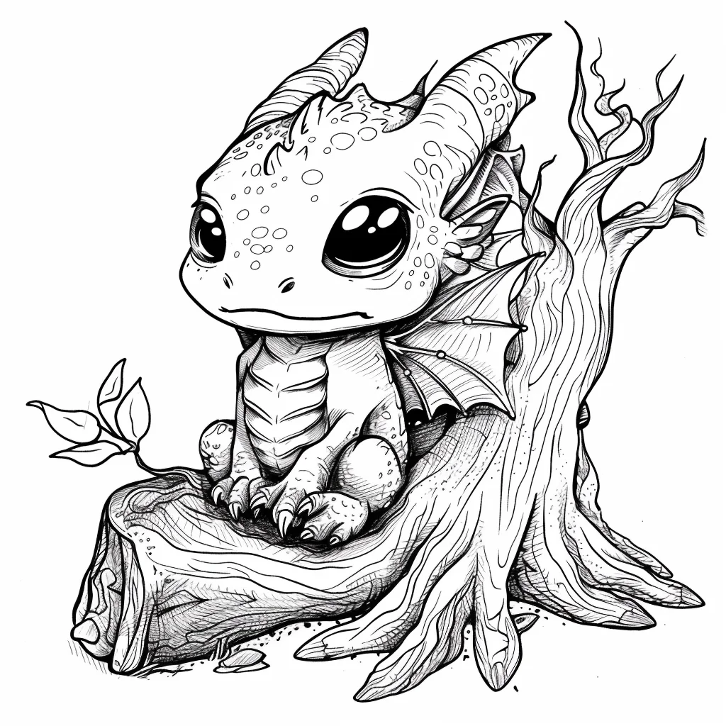 Cute chibi baby dragon sitting on a tree stump, cartoon illustration style — cartoon style — moderate detail — line art coloring page — for kids and adults of all ages