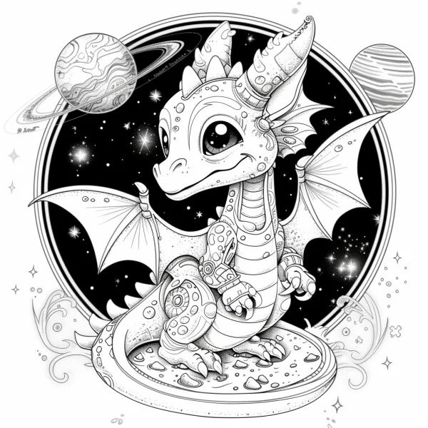 Cute cartoon mechanical dragon sitting on rocky platform, sci-fi space theme — free printable sci-fi coloring book page