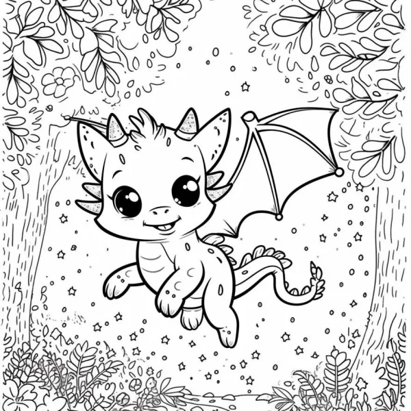 Cute cartoon baby dragon, cartoon style — free printable fantasy creatures coloring book page