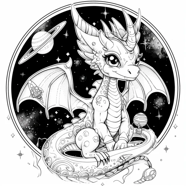 Cute cartoon space dragon, fantasy cartoon style — free printable space coloring book page