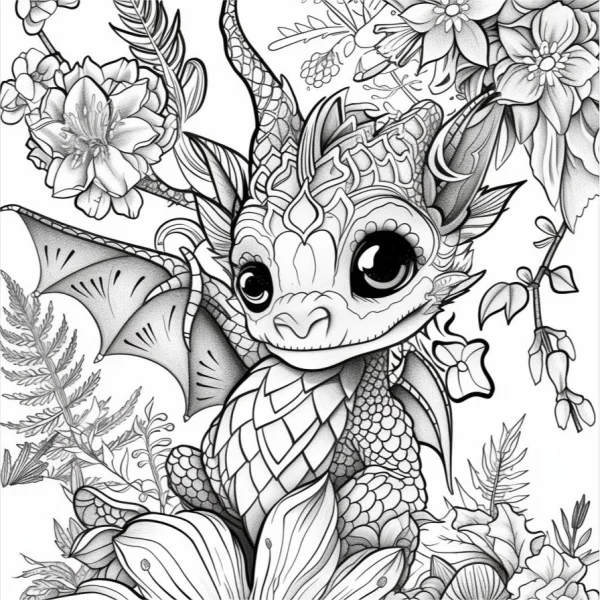 Cute cartoon dragon surrounded by flowers and ferns, fantasy cartoon style — free printable fantasy creatures coloring book page
