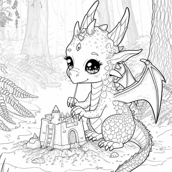 Cute little dragon building sandcastle, chibi cartoon style — free printable fantasy creatures coloring book page