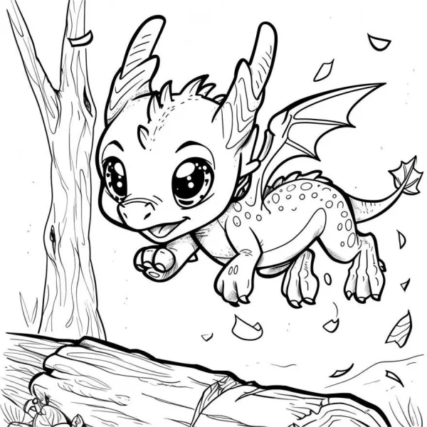 Cartoon cute baby dragon, cartoon style — free printable fantasy creatures coloring book page