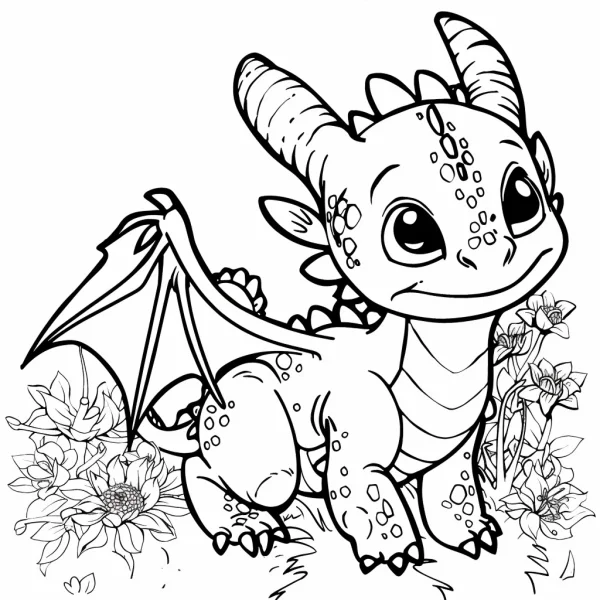 Cute cartoon baby dragon, cartoon style — free printable fantasy creatures coloring book page