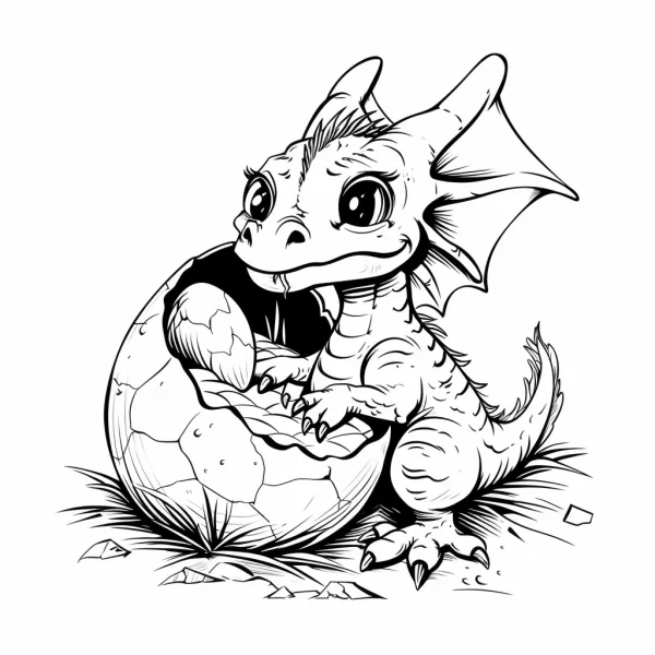 Cute cartoon baby dragon hatching from a broken egg, cartoon style — free printable fantasy creatures coloring book page
