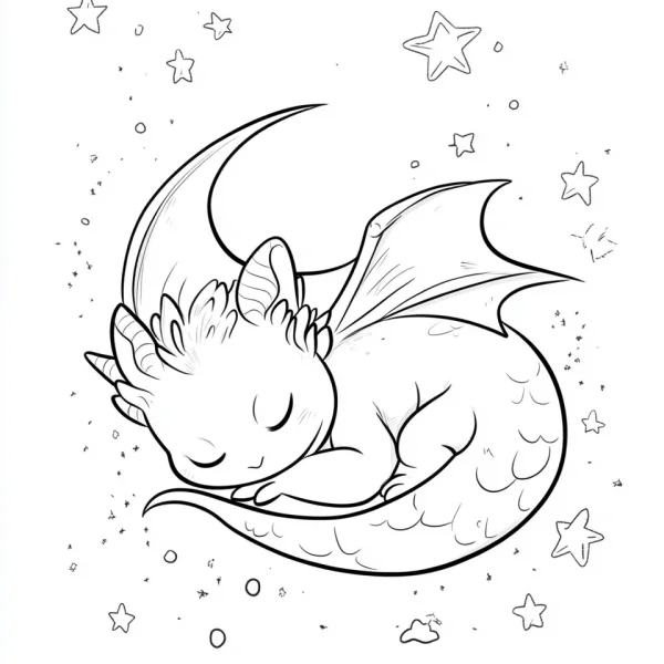 Cute sleeping baby dragon, cartoon style — free printable dragon coloring book page