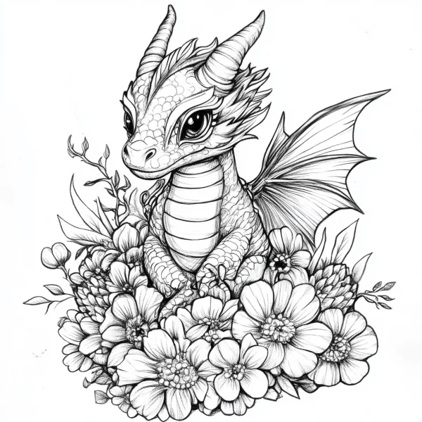 Cute baby dragon surrounded by various flowers and branches, cartoon illustration style — free printable fantasy creatures coloring book page