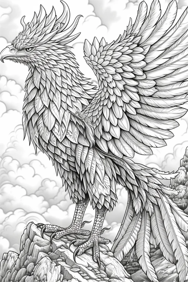 Coloring book page, fantasy divine bird standing on rocky cliff — free printable fantasy creatures coloring book page