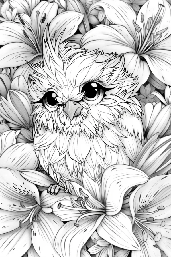 Cute owl surrounded by lilies, cartoon illustration style — free printable nature theme coloring book page