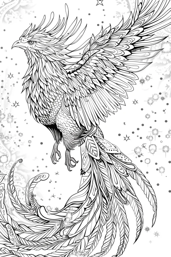 Magnificent phoenix with intricate decorative feathers, decorative art style — free printable mythology coloring book page