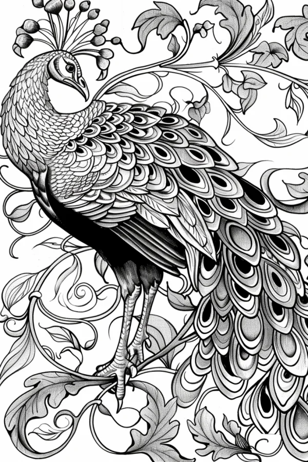 Elegant ornate peacock standing on swirling leafy vines, art nouveau and decorative art style — free printable decorative art coloring book page