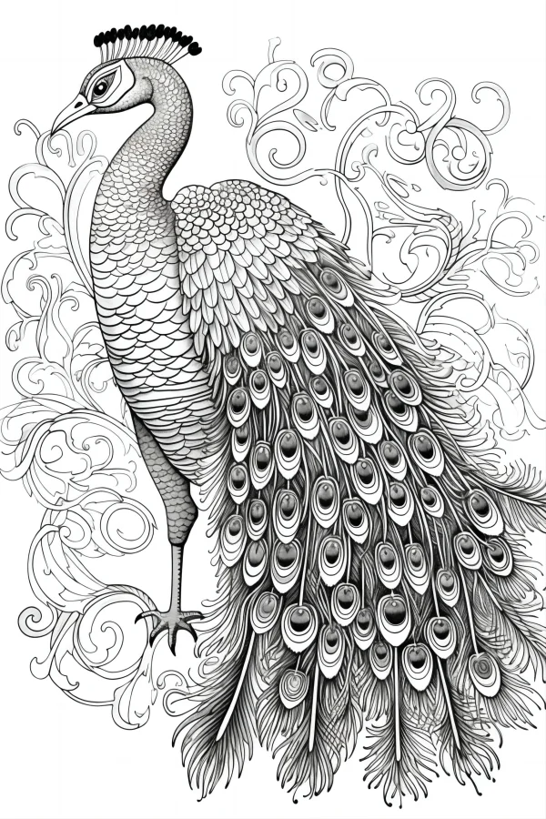 Elegant peacock with detailed feather eye patterns, art deco style — free printable decorative art coloring book page