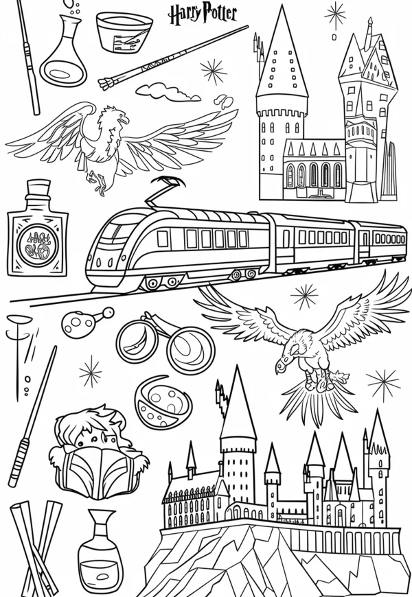 Harry potter magic themed elements including hogwarts castles, magic train — free printable campus coloring book page