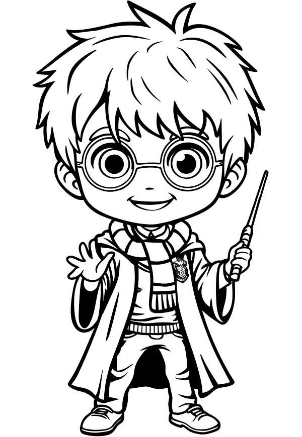 Chibi harry potter, cartoon style — free printable magic coloring book page