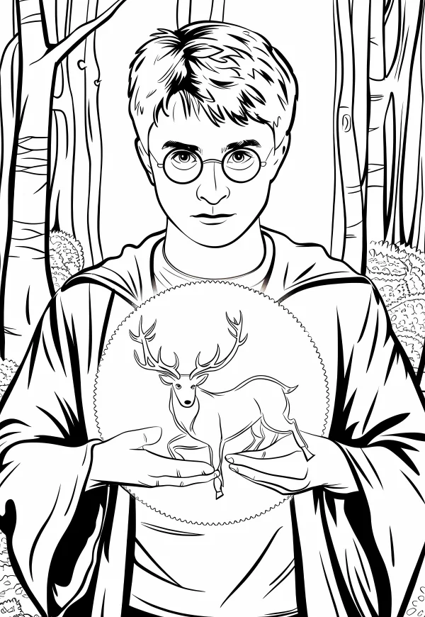 Harry potter holding a stag patronus, in a birch forest setting — free printable magic coloring book page